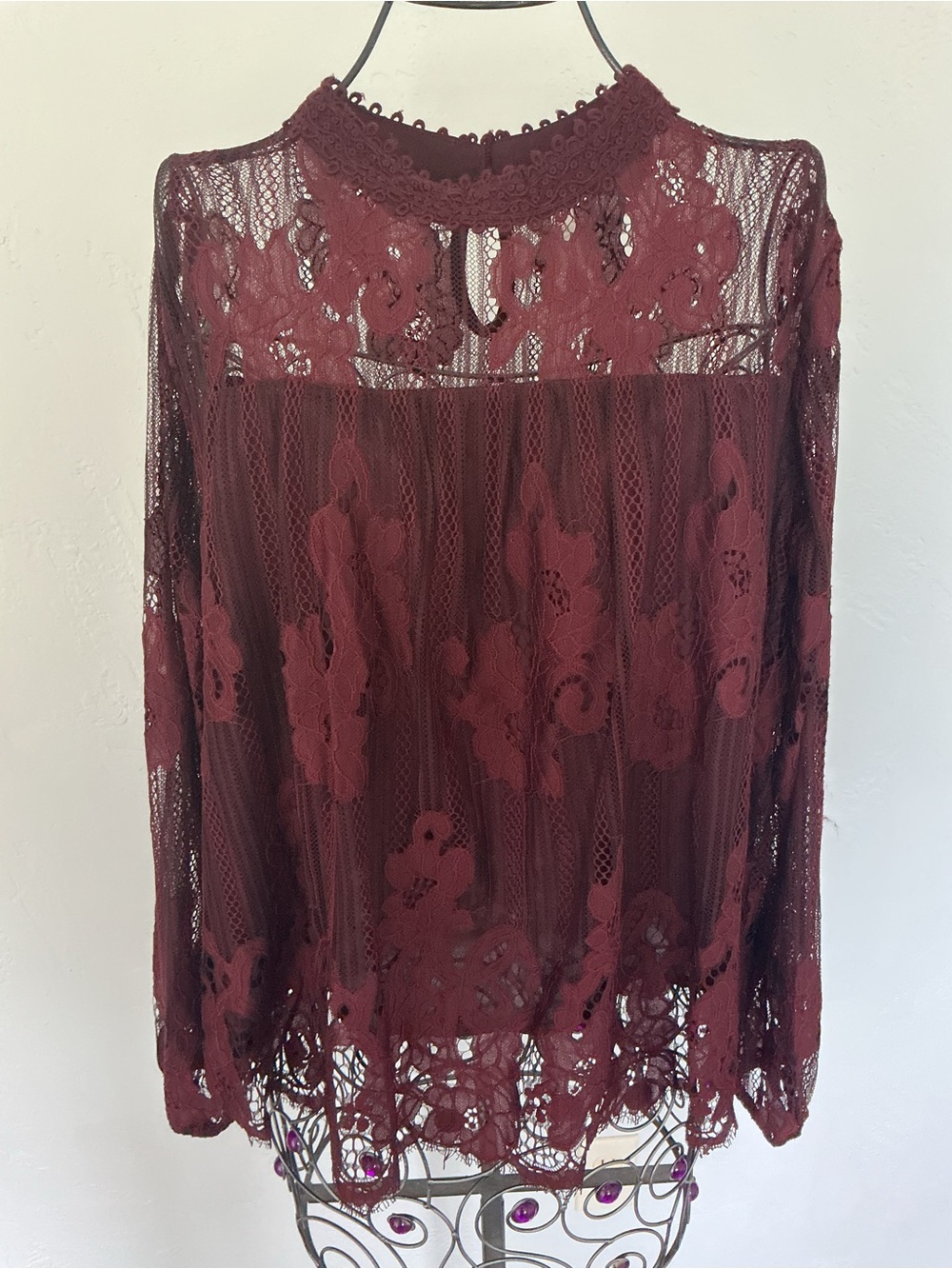 Xhilaration Burgundy Lace High-Neck Long-Sleeve Blouse